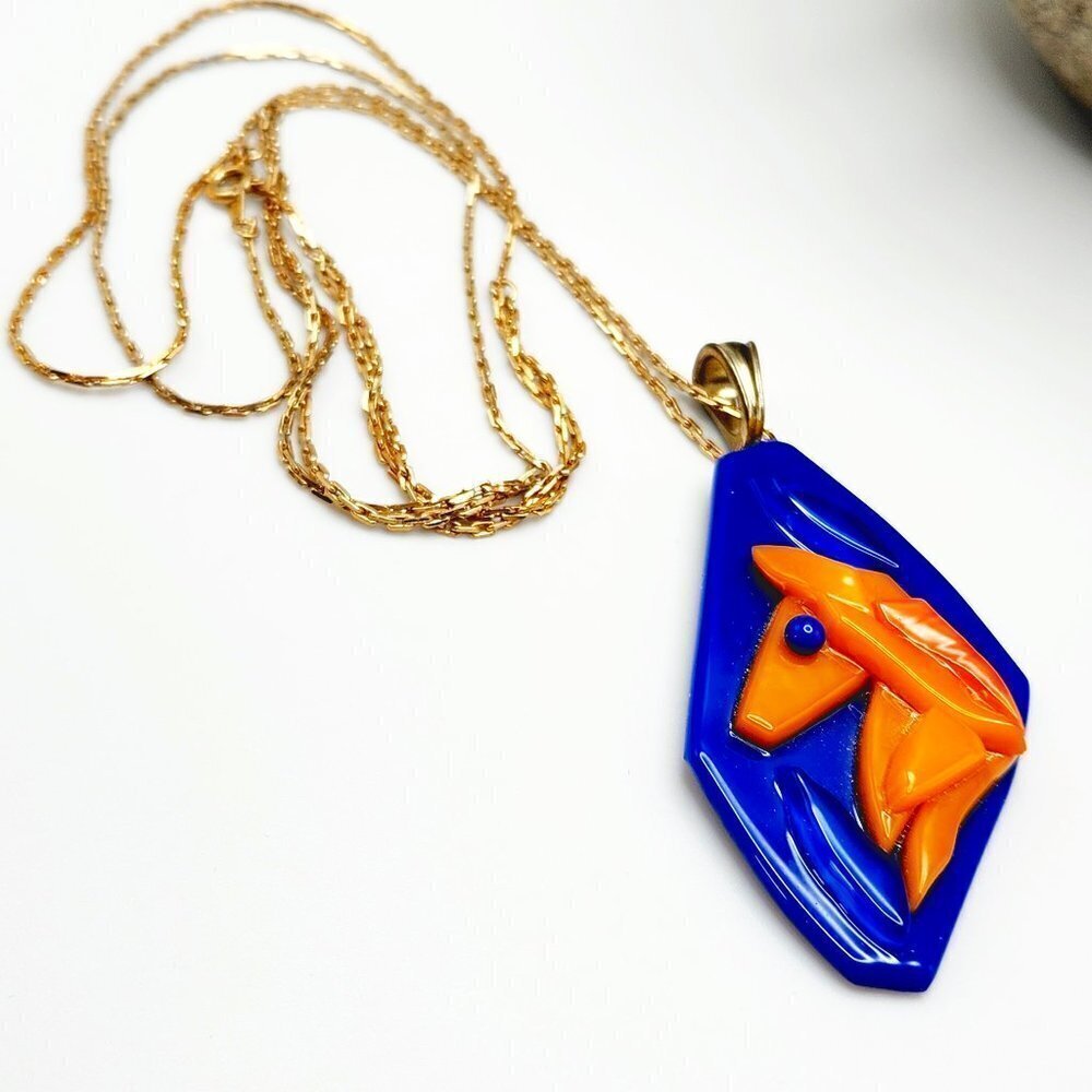 Vintage Glass Horse Head Handmade Abstract Southwestern Pendant Necklace